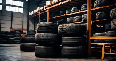 Sklad pneumatik s pneumatikami na policích a podlaze, připravený pro správné skladování.