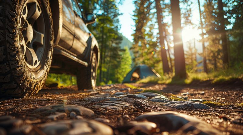 Auto na terénních pneumatikách v lese