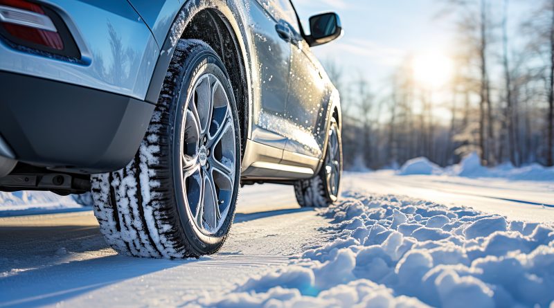 Auto s nasazenými zimními pneumatikami jedoucí po zasněžené silnici za slunečného zimního dne.