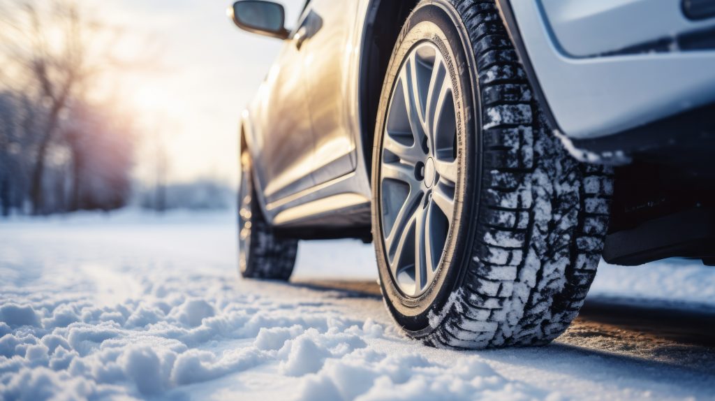 Detail pneumatiky SUV vozu na zasněžené silnici během zimního dne.
