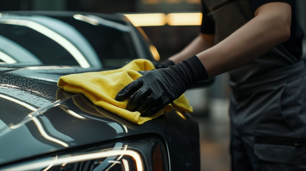 Detailní čištění dveří tmavého osobního automobilu.